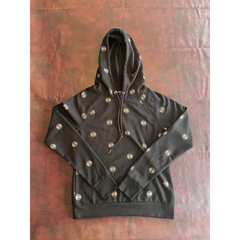 Bebe Womens Black Rose Gold Metallic Logo Hoodie Pullover Sweatshirt Small